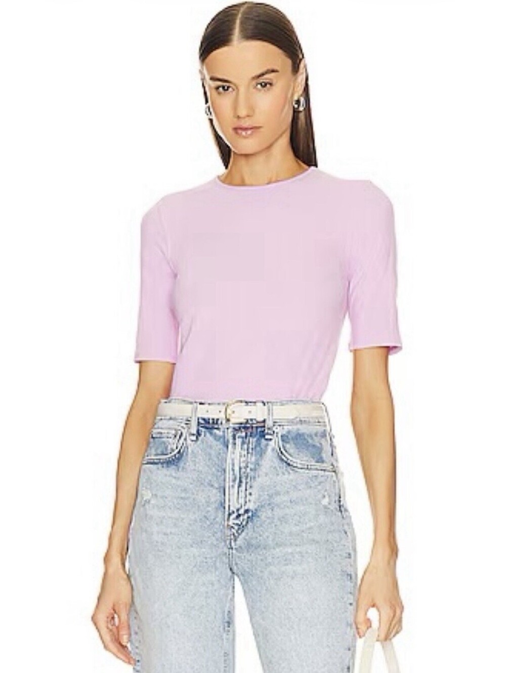 VINCE Women’s Stretch Cotton Elbow Sleeve Ribbed Crew Neck Tee In Lavender-XL